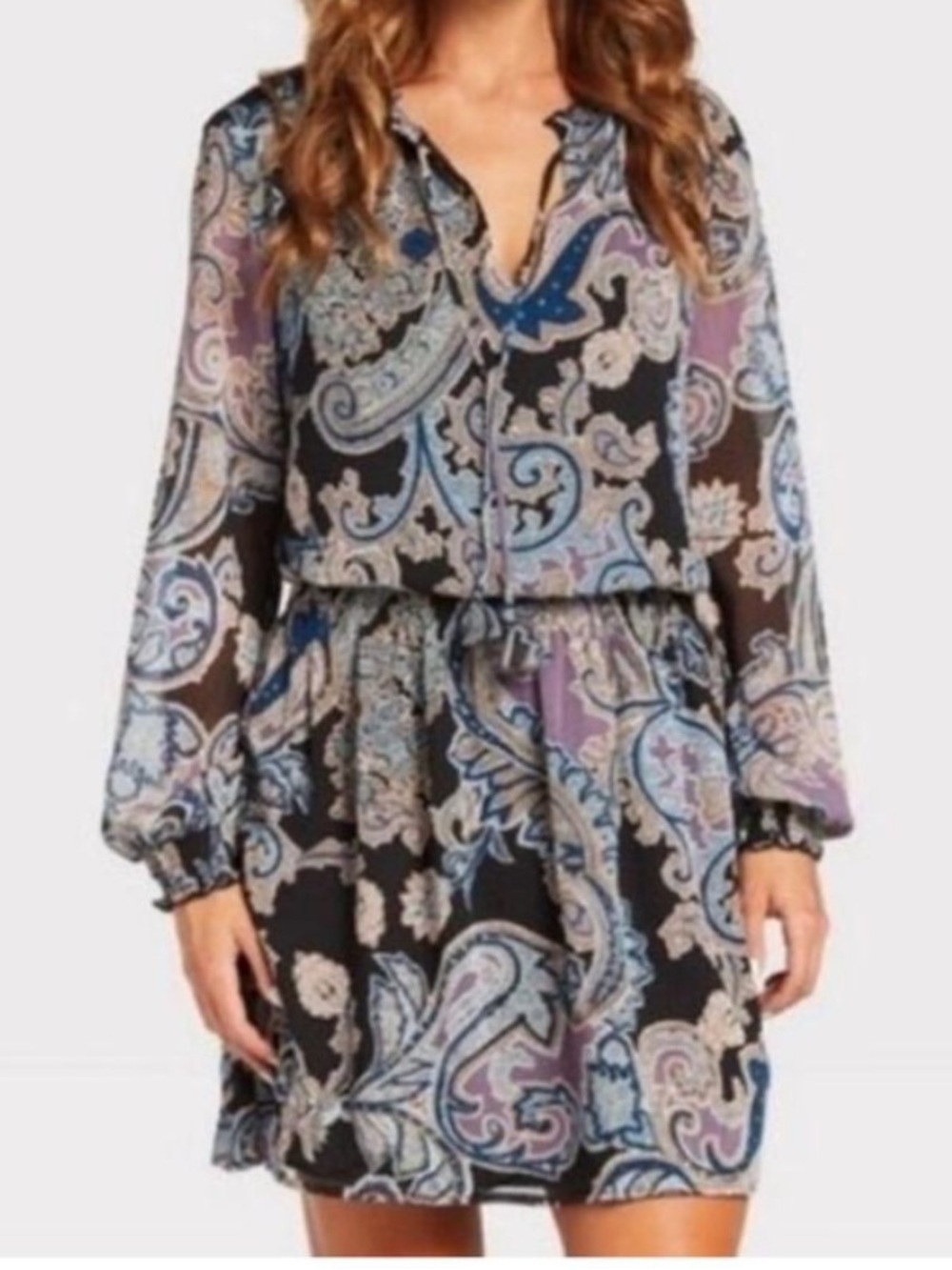 Allison Joy Black Paisley Chiffon Boho Mini Dress Blue & Lavender Accents Sz M